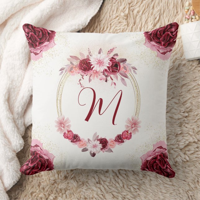 Magenta Pink Monogram Watercolor Blumenstrauß Kissen (Decke)