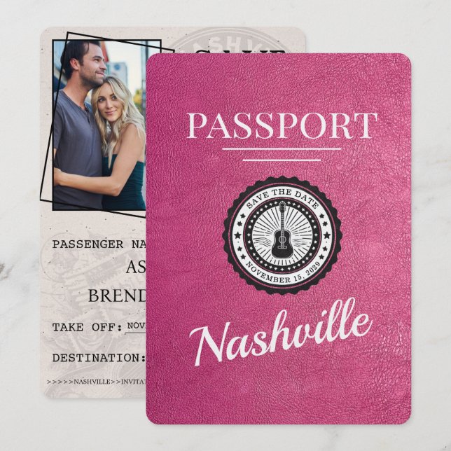 Magenta Pink Nashville Passport Save the Date (Vorne/Hinten)