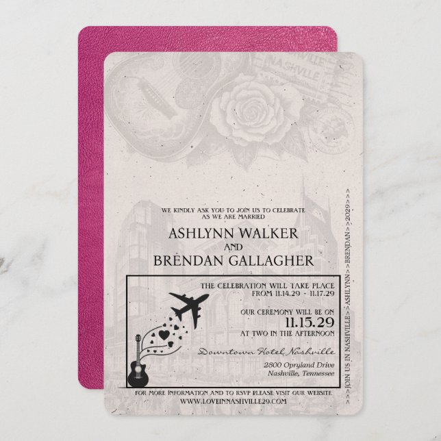 Magenta Pink Nashville Passport Wedding Einladung (Vorne/Hinten)