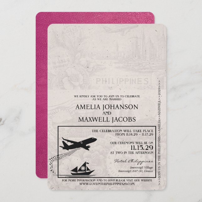 Magenta Pink Philippines Passport Wedding Einladung (Vorne/Hinten)