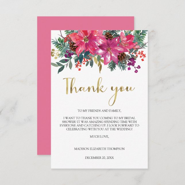 Magenta Pink Poinsettia Weihnachtsgebäck Brautpart Dankeskarte (Vorne/Hinten)