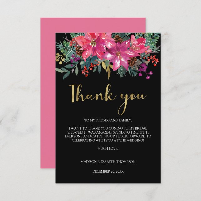 Magenta Pink Poinsettia Weihnachtsgebäck Brautpart Dankeskarte (Vorne/Hinten)