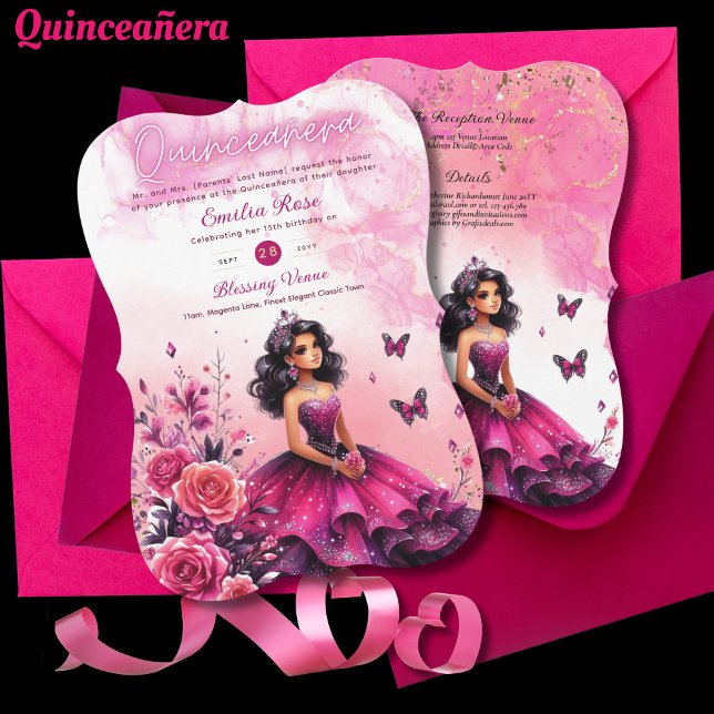 Magenta Pink Quinceanera Dress Floral Schmetterlin Einladung (Von Creator hochgeladen)