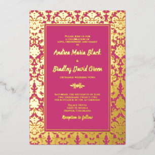 Magenta Pink Real Gold Damask Hochzeit Folieneinladung