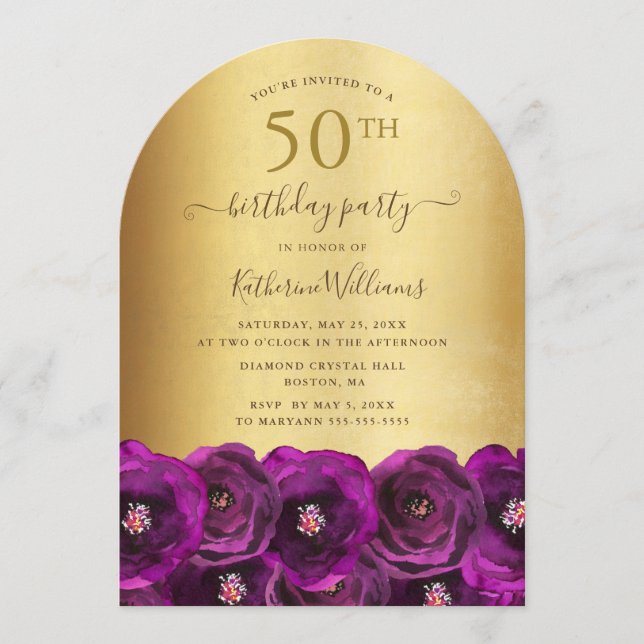 Magenta Pink Rose Floral Gold 50th Birthday Party Einladung (Vorderseite)