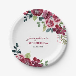Magenta Pink Rose Floral Greenery Birthday Pappteller