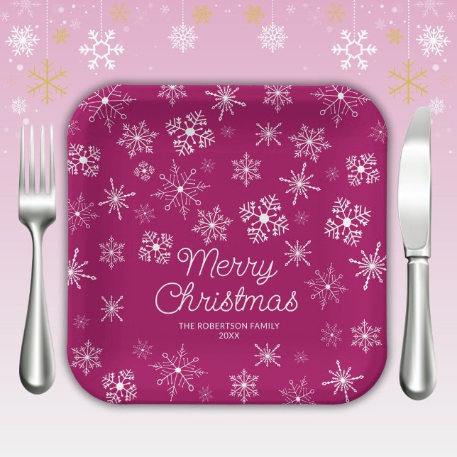 Magenta Pink Snowflakes Weihnachts-Party Pappteller (Von Creator hochgeladen)