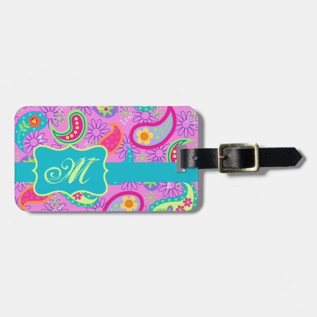Magenta Pink Turquoise Modern Paisley Monogram Gepäckanhänger (Vorderseite horizontal)