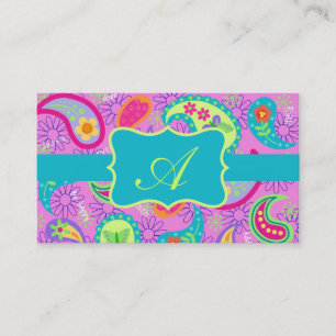 Magenta Pink Turquoise Modern Paisley Monogram Visitenkarte