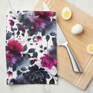 Magenta Pink- und Blau-Ink Blumen-Wasserfarbe Geschirrtuch