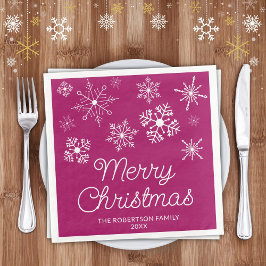 Magenta Pink Weißer Schneeflocken Weihnachts-Party Serviette