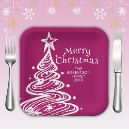 Magenta Pink White Christmas Tree Party Pappteller