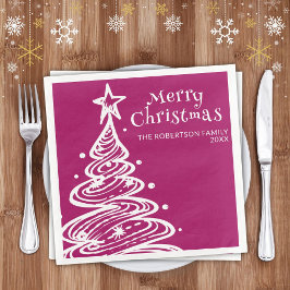 Magenta Pink White Christmas Tree Party Serviette