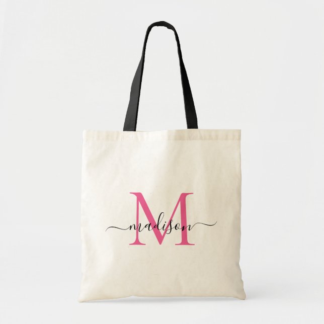 Magenta Pink White Monogram Eleganter Skriptname Tragetasche (Vorne)