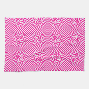 Magenta Pink & White Warped Chic Chic Chic Checks  Geschirrtuch