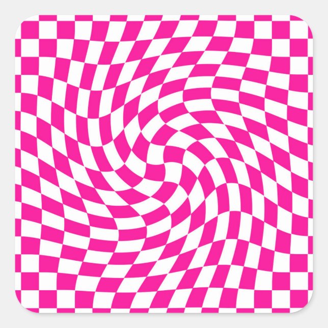 Magenta Pink & White Warped Chic Chic Chic Checks  Quadratischer Aufkleber (Vorderseite)