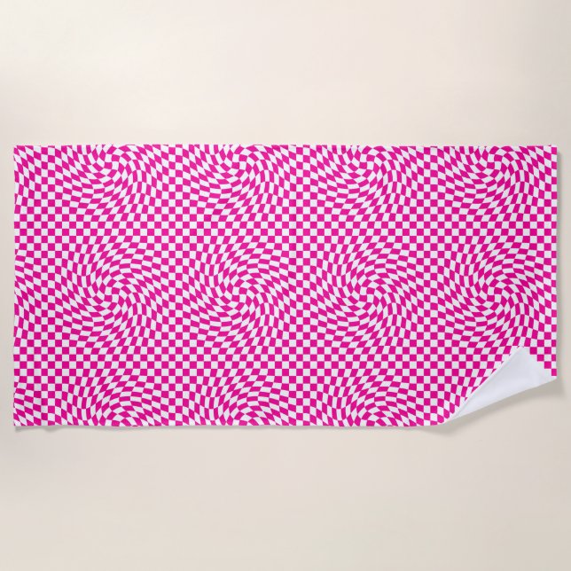 Magenta Pink & White Warped Chic Chic Chic Checks  Strandtuch (Vorderseite)