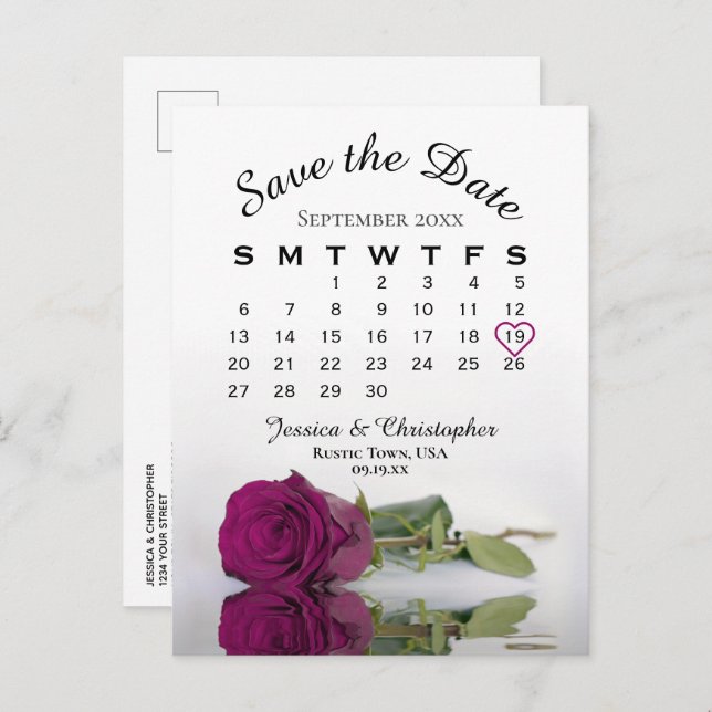 Magenta Plum Rose Hochzeitskalender Save the Date Ankündigungspostkarte (Vorne/Hinten)