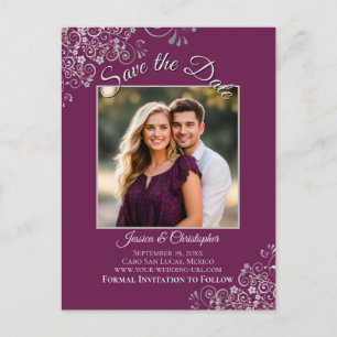 Magenta Plum & Silver Wedding Save the Date Foto Ankündigungspostkarte