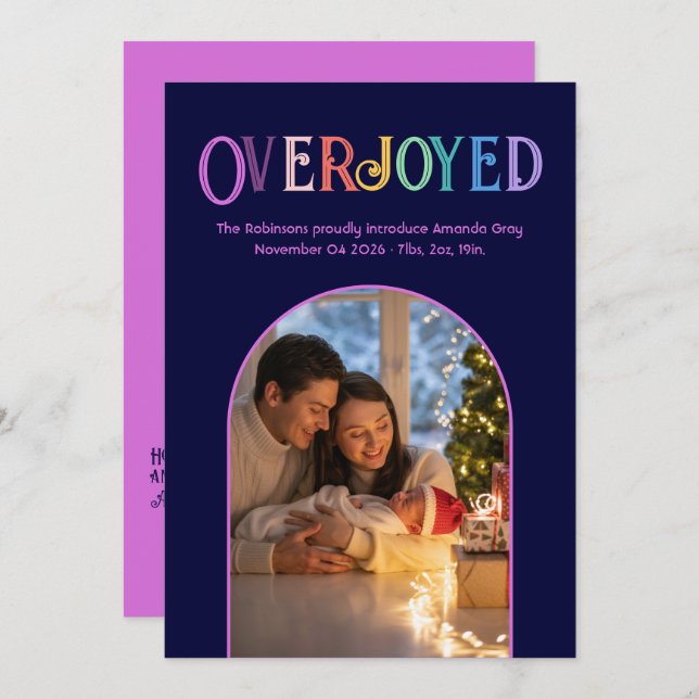 Magenta Pop Xmas Baby Birth Ankündigung Foto (Vorne/Hinten)