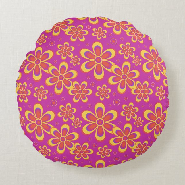 Magenta Purple Blumen Nahtloses Muster Rundes Kissen (Vorderseite)