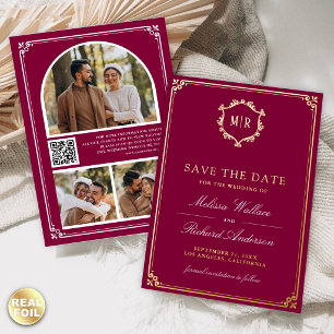 Magenta QR-Code Foto Hochzeit Termin merken Gold Folieneinladung