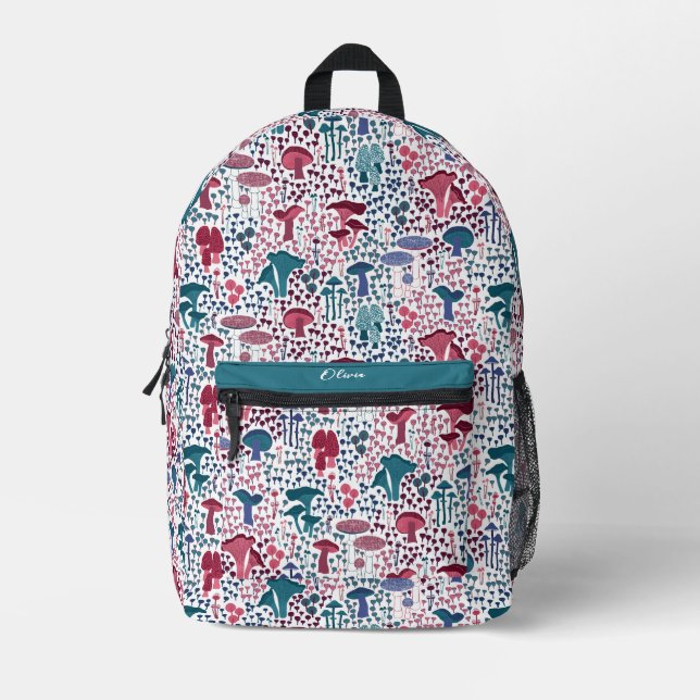 Magenta Retro Mushroom Bedruckter Rucksack (Vorderseite)