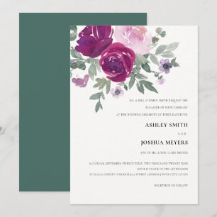 Magenta Rosa Aquarell Blumen Perlmutt Weiße Hochze Einladung