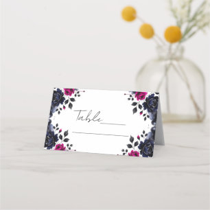 Magenta Rosa & Blau Tintenblumen-Aquarell-Tisch Platzkarte