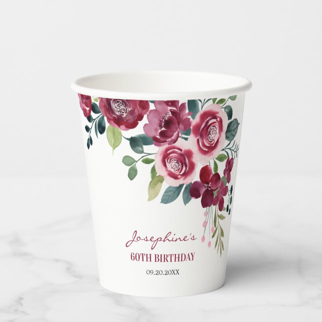 Magenta Rosa Blumen Grüner Geburtstag Pappbecher (Rückseite)