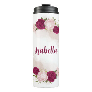 magenta rosa florale verde thermosbecher