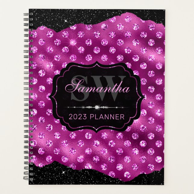 Magenta Rosa Glitzer Dots & Black Edges Monogramm Planer (Vorderseite)