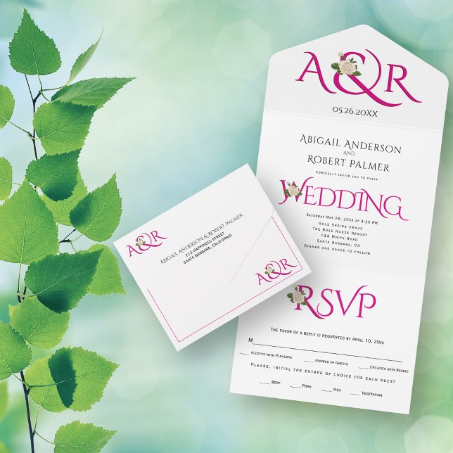 Magenta rosa Initialen und Ampersand, Rose Hochzei All In One Einladung (Von Creator hochgeladen)