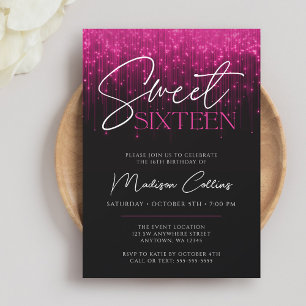 Magenta Rosa Lichter Schwarz Sweet 16 Einladung