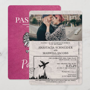 Magenta Rosa Polen Reisepass Hochzeitseinladung Einladung