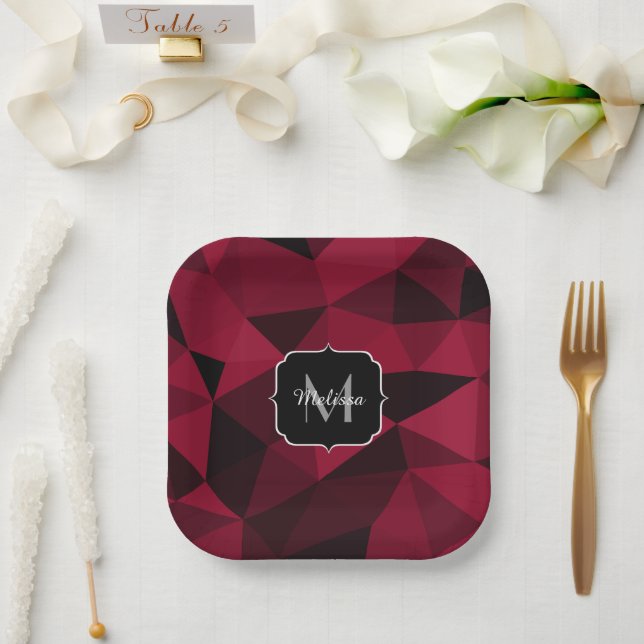 Magenta rosa Schwarz Geometrie Muster Monogram Pappteller (Hochzeit)