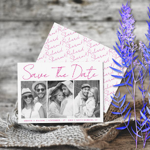 Magenta rosa Skriptkalligraphie 3 Foto Collage sa Save The Date