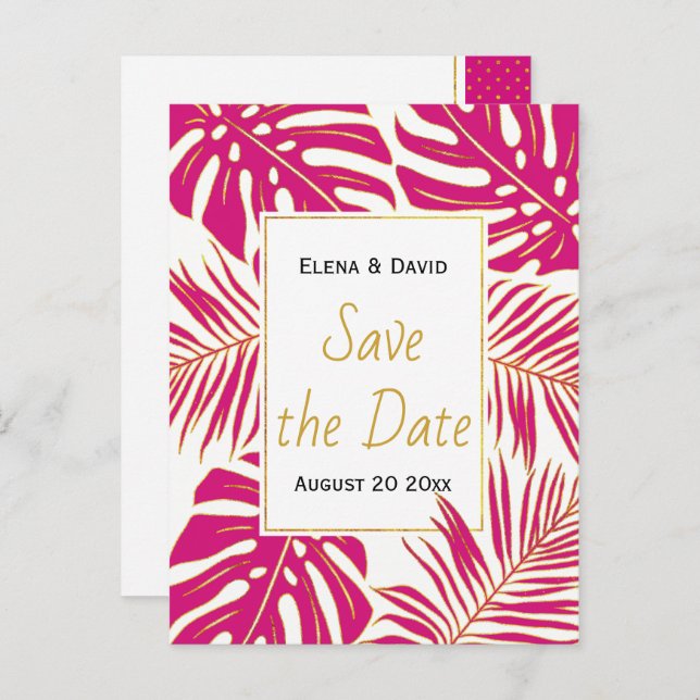 Magenta Rosa tropische Blätter Hochzeit Retten Sie Ankündigungspostkarte (Vorne/Hinten)