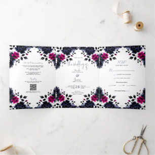 Magenta Rosa und Blau Ink Blumen-Aquarell-Hochzeit Dreifach Gefaltete Einladung