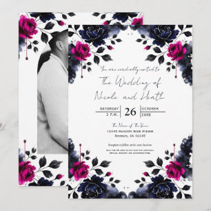 Magenta Rosa und Blau Ink Blumen-Aquarell-Hochzeit Einladung