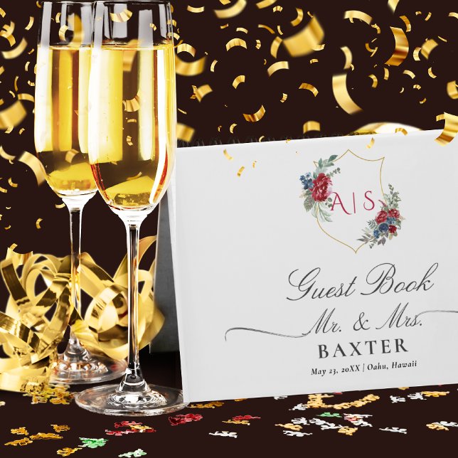 Magenta Rose Botanisches Wappen Hochzeitmongramm Gästebuch (Von Creator hochgeladen)