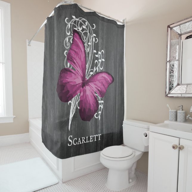 Magenta Rustic Butterfly Personalisiert Duschvorhang (Beispiel)