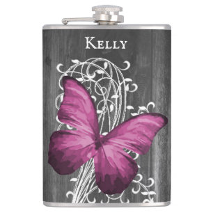 Magenta Rustic Butterfly Personalisiert Flask Flachmann