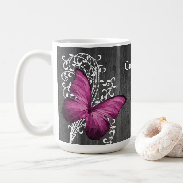 Magenta Rustic Butterfly Personalisiert Kaffee Tas Kaffeetasse (Mit Donut)