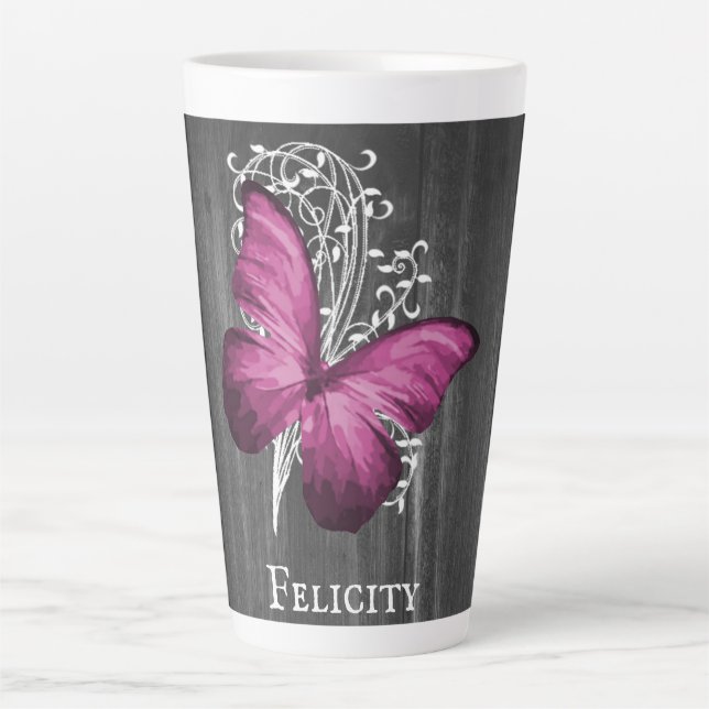 Magenta Rustic Butterfly Personalisiert Latte Tass Milchtasse (Vorderseite)