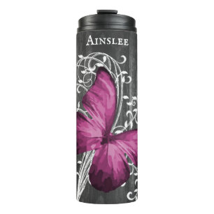 Magenta Rustic Butterfly Personalisiert Thermosbecher