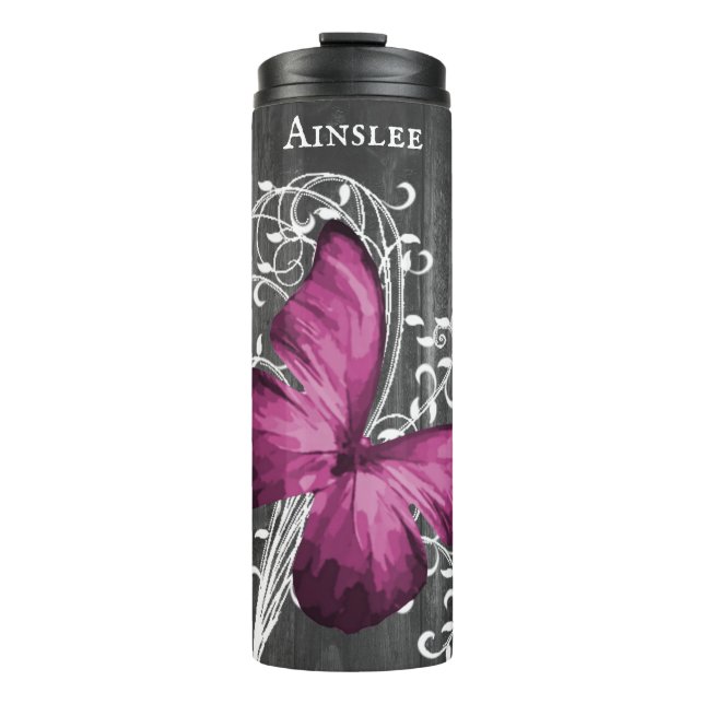 Magenta Rustic Butterfly Personalisiert Thermosbecher (Vorderseite)