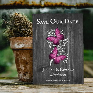 Magenta Rustic Butterfly Save the Date Ankündigung