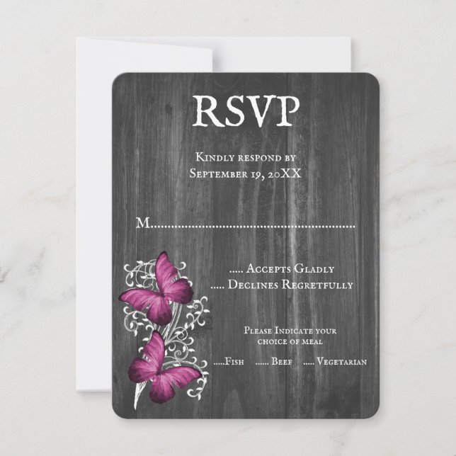 Magenta Rustic Butterfly Wedding RSVP Card (Vorderseite)