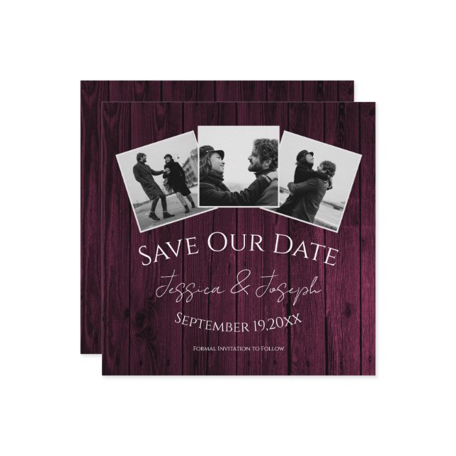 Magenta Rustic FotoCollage Save the Date (Vorderseite/Rückseite Beispiel)